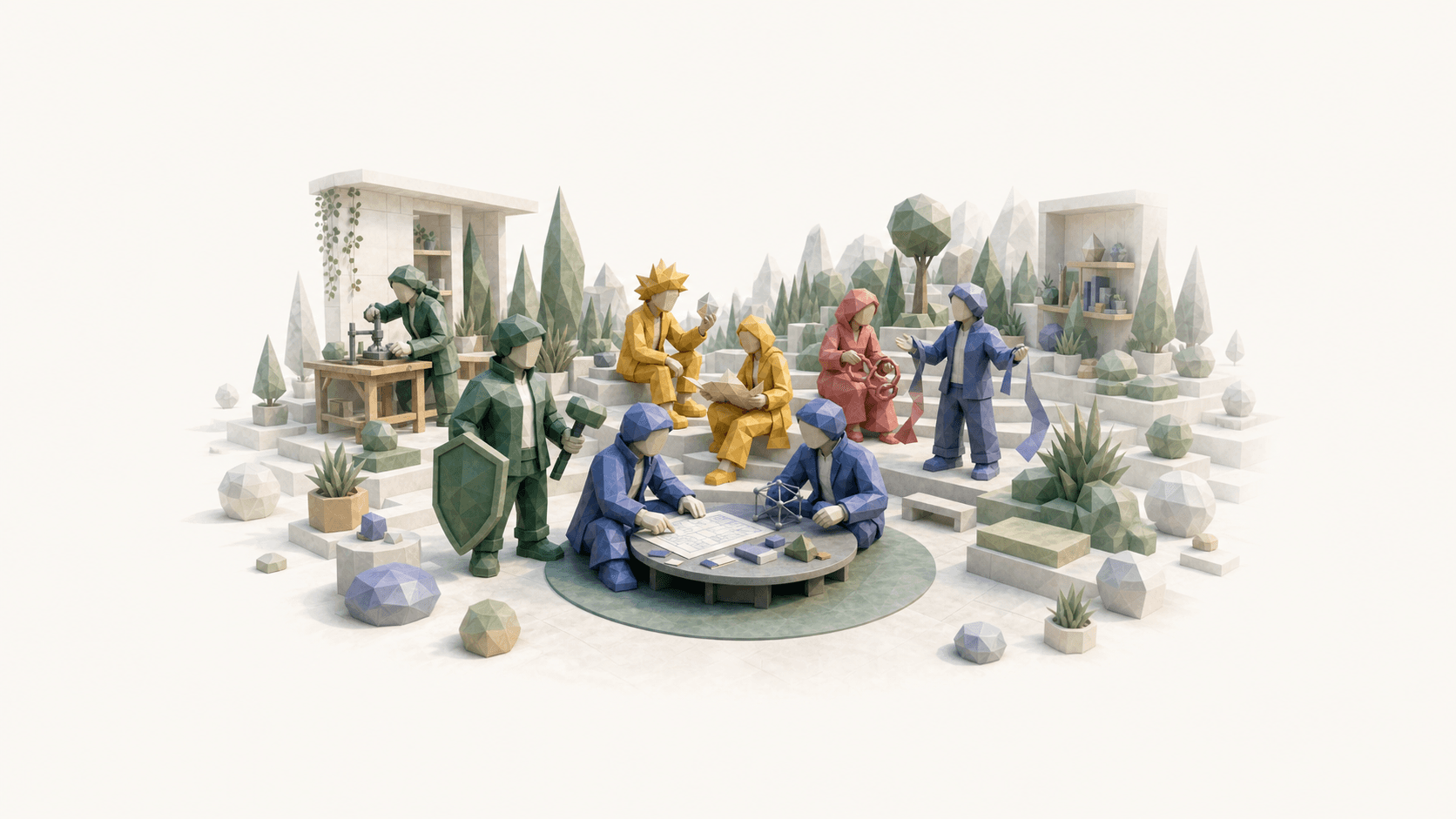 Eight faceless geometric personalities sharing ideas in the Instinct Commons